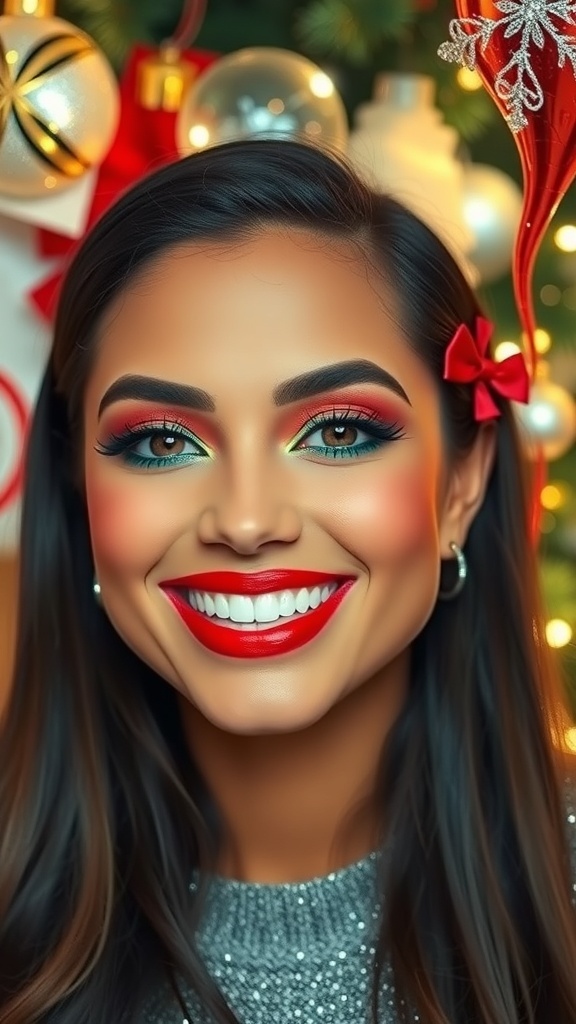 A cheerful teen with festive Christmas makeup, featuring red lips and green eyeshadow, surrounded by holiday decorations.